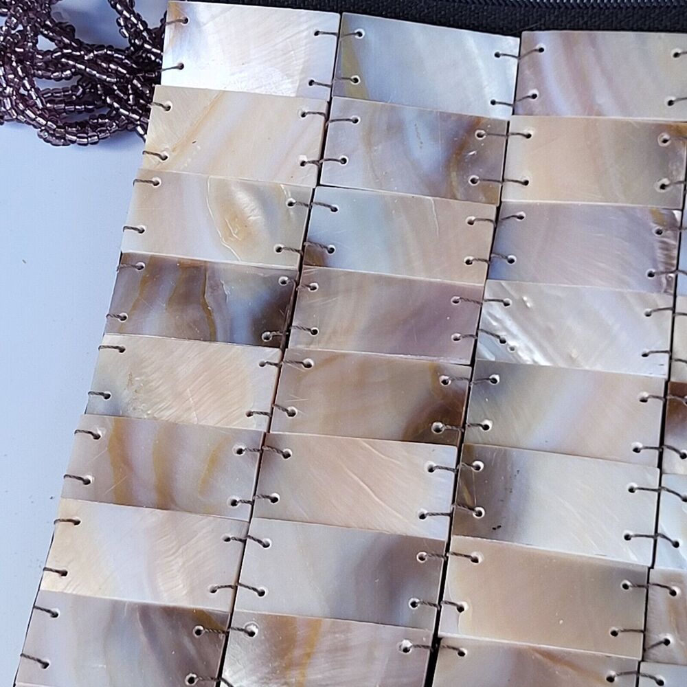 Abalone Mother of Pearl Bag Braided Beaded Strap 6 in by 5 in 44 in strap zips